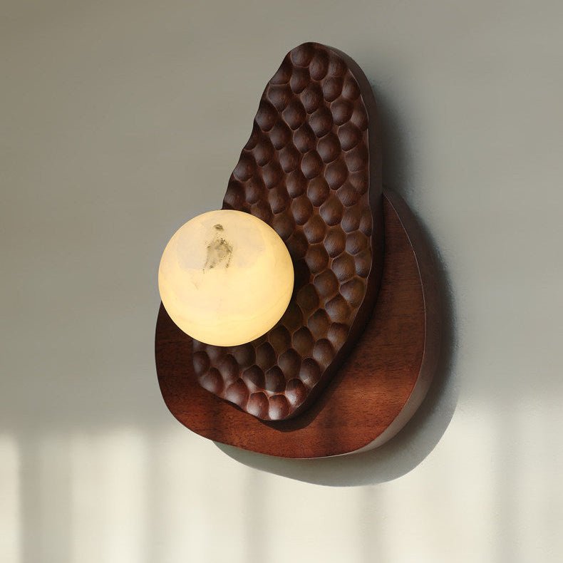 Ember Nest Wall Sconce with Alabaster Sphere and Walnut Backplate