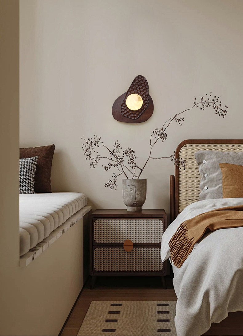 Ember Nest Wall Sconce with Alabaster Sphere and Walnut Backplate