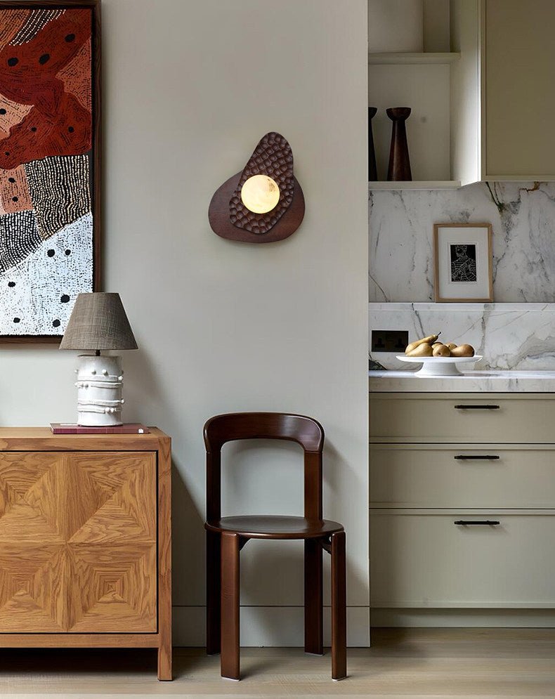 Ember Nest Wall Sconce with Alabaster Sphere and Walnut Backplate