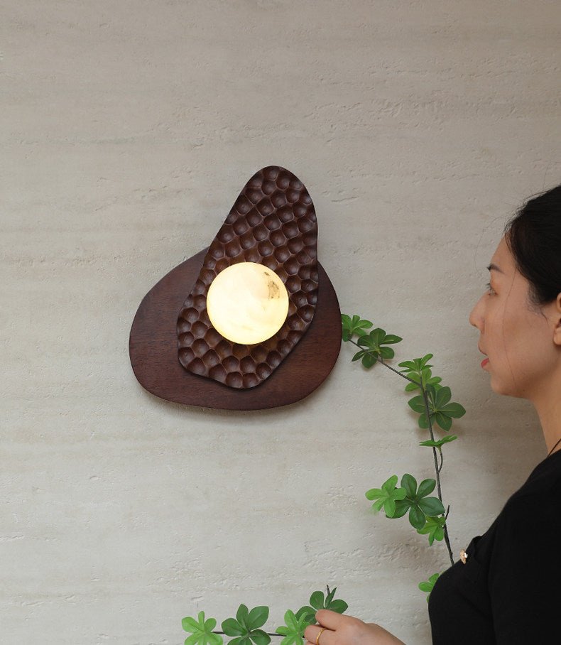 Ember Nest Wall Sconce with Alabaster Sphere and Walnut Backplate