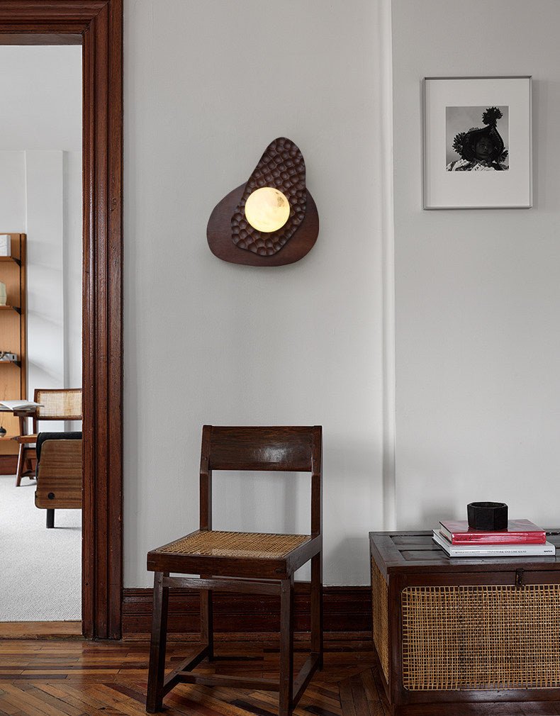 Ember Nest Wall Sconce with Alabaster Sphere and Walnut Backplate