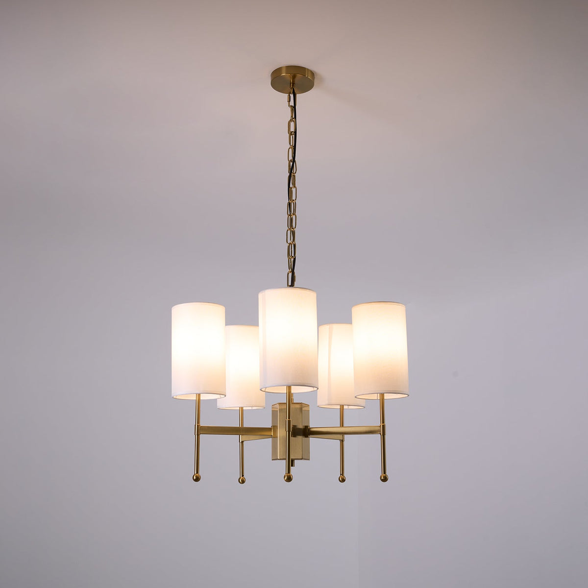 Brass Chandelier with Fabric Shades – Modern Luxury Lighting for Dining and Living Rooms