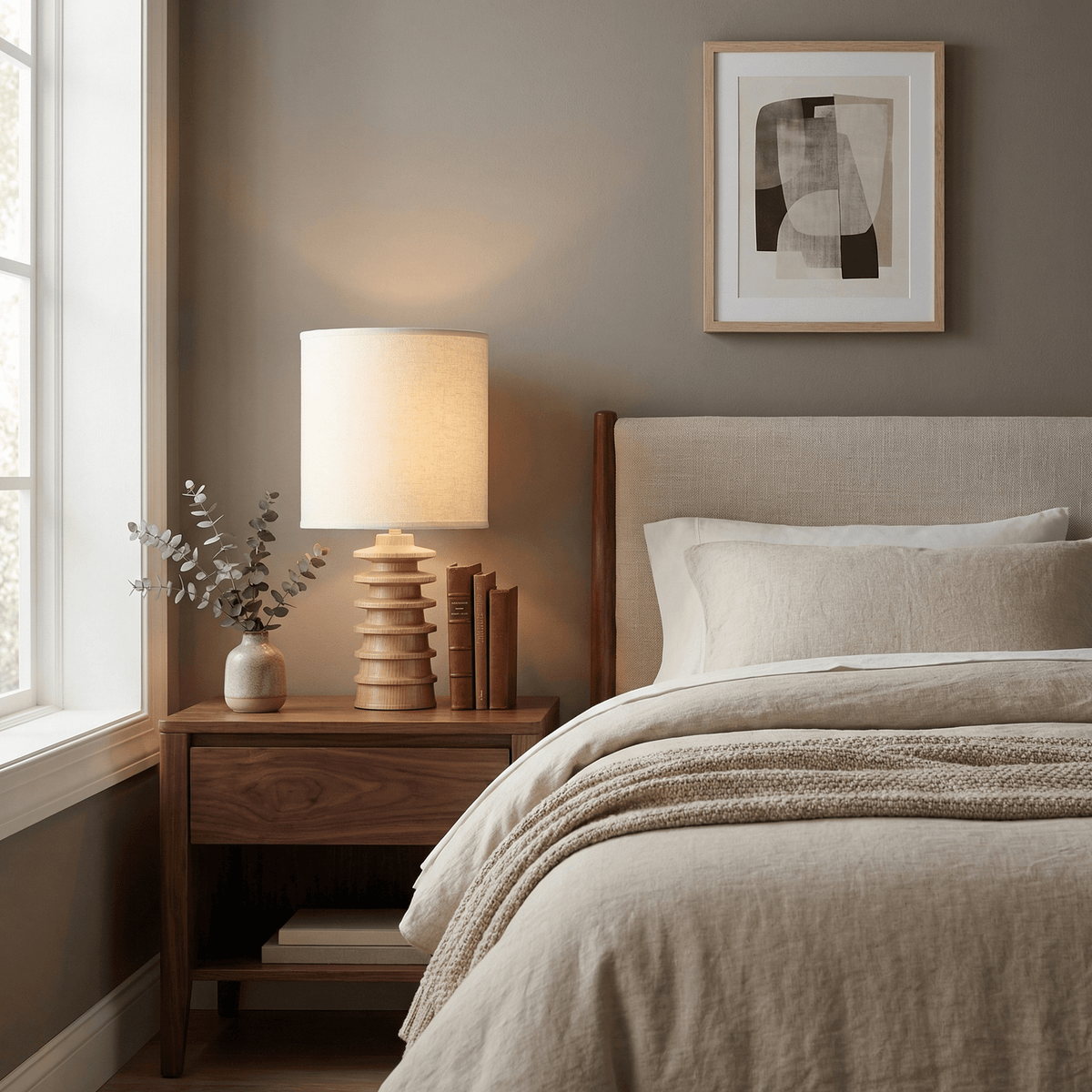 Equinox Tiered Wood Table Lamp with Linen Drum Shade
