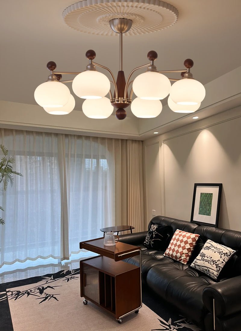 Ethereal Orbit Chandelier – Modern Walnut & Glass Pendant Light