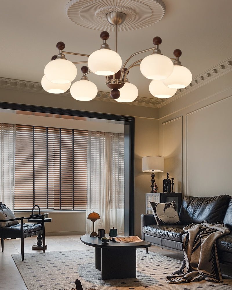 Ethereal Orbit Chandelier – Modern Walnut & Glass Pendant Light