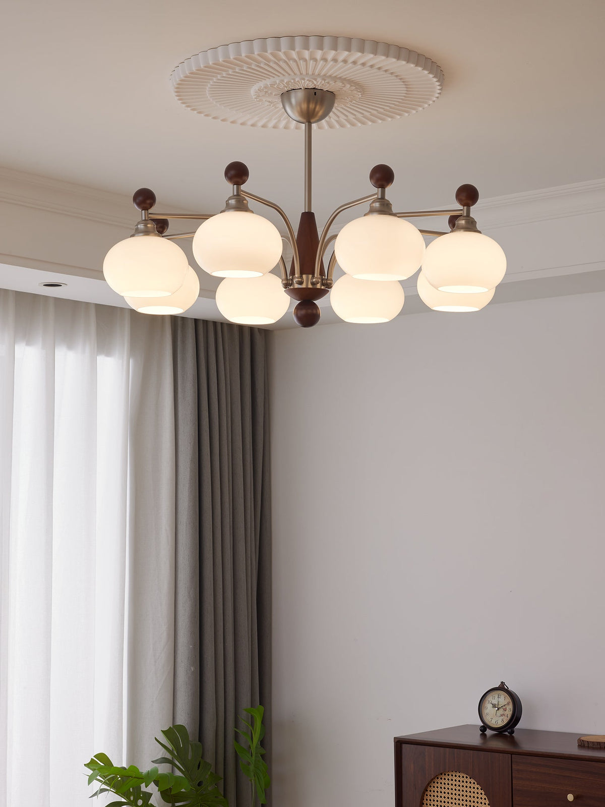 Ethereal Orbit Chandelier – Modern Walnut & Glass Pendant Light