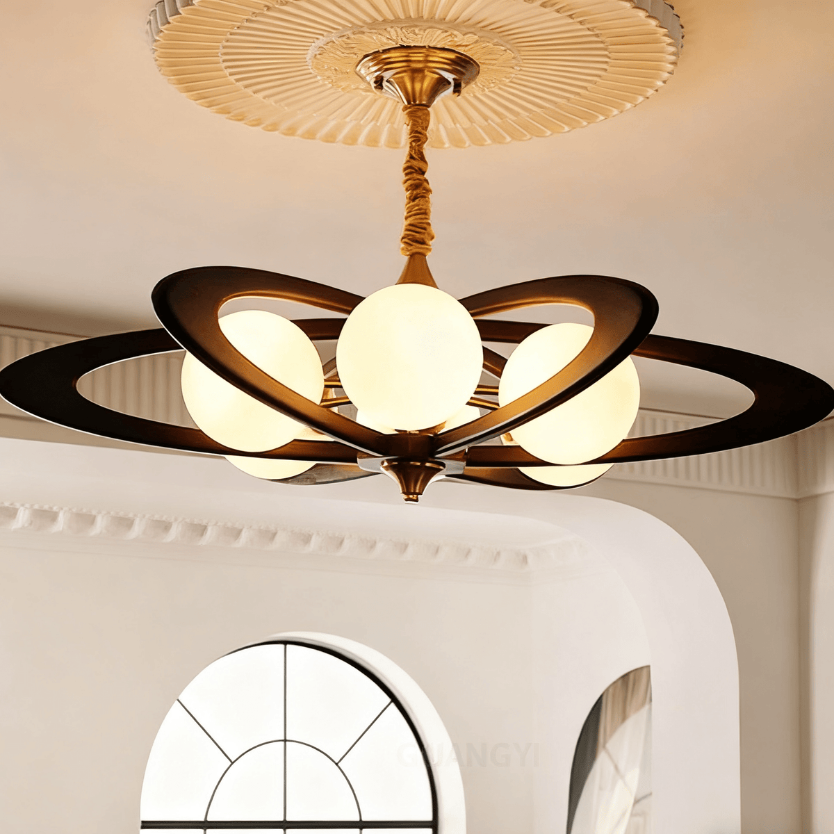 Evadra Celeste Wood & Glass Chandelier, Six-Light Halo Design