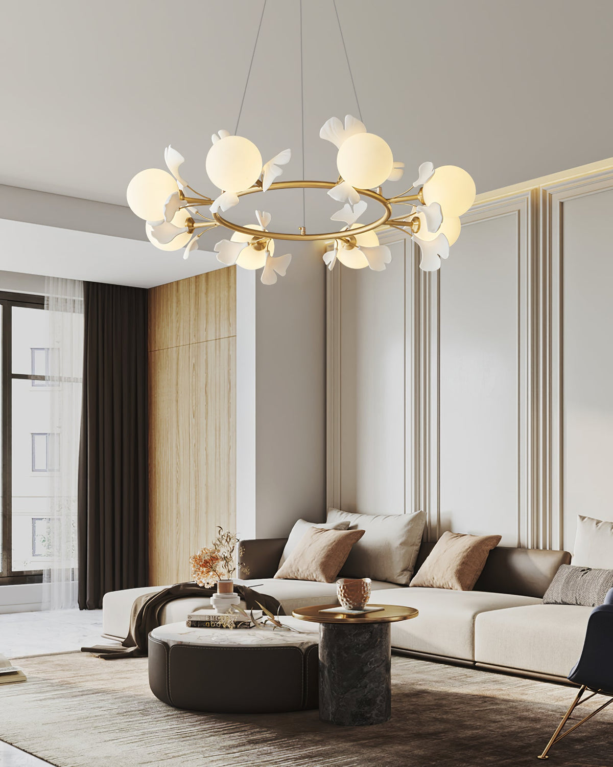 Gingko Orb Brass Chandelier with Porcelain Leaves and Glass Globes