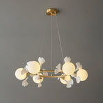 Gingko Orb Brass Chandelier with Porcelain Leaves and Glass Globes