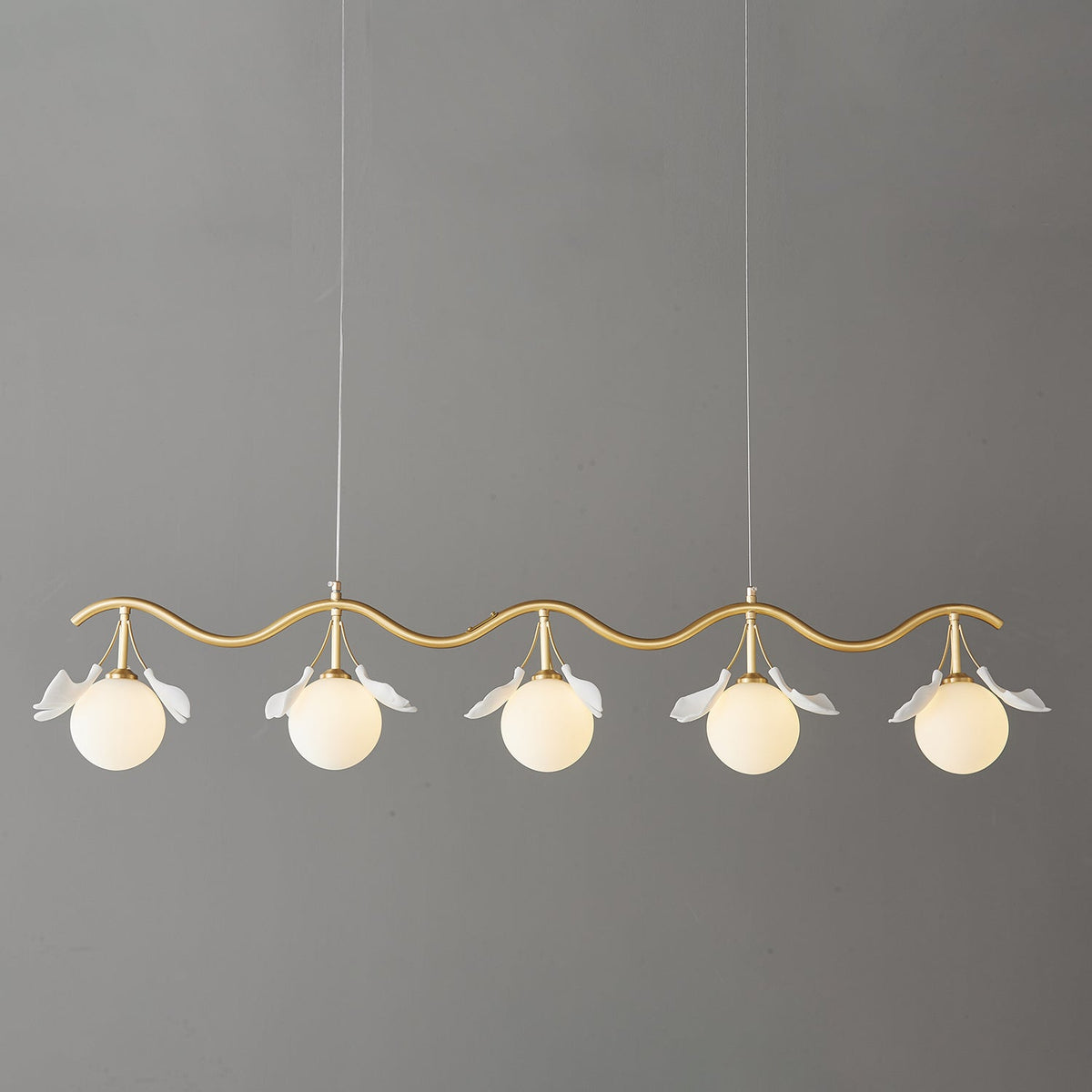 Gingko Orb Brass Chandelier with Porcelain Leaves and Glass Globes