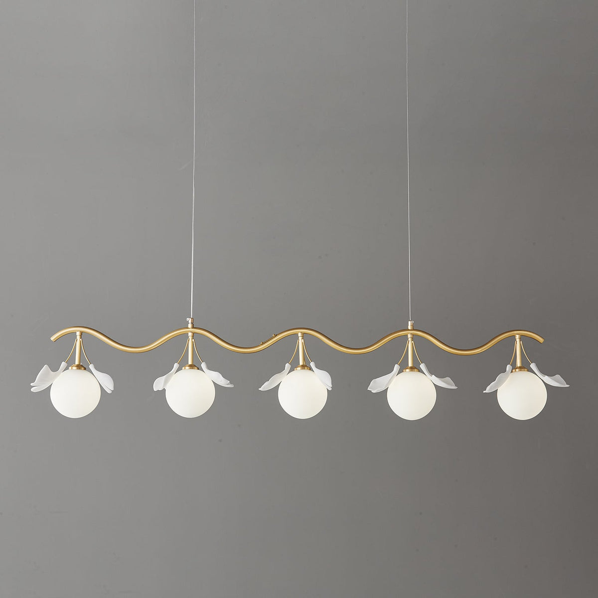 Gingko Orb Brass Chandelier with Porcelain Leaves and Glass Globes