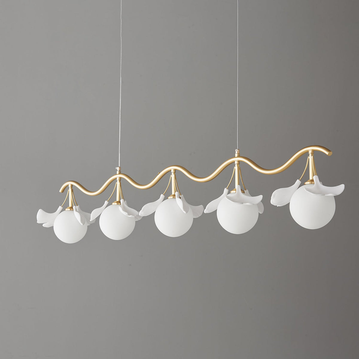 Gingko Orb Brass Chandelier with Porcelain Leaves and Glass Globes