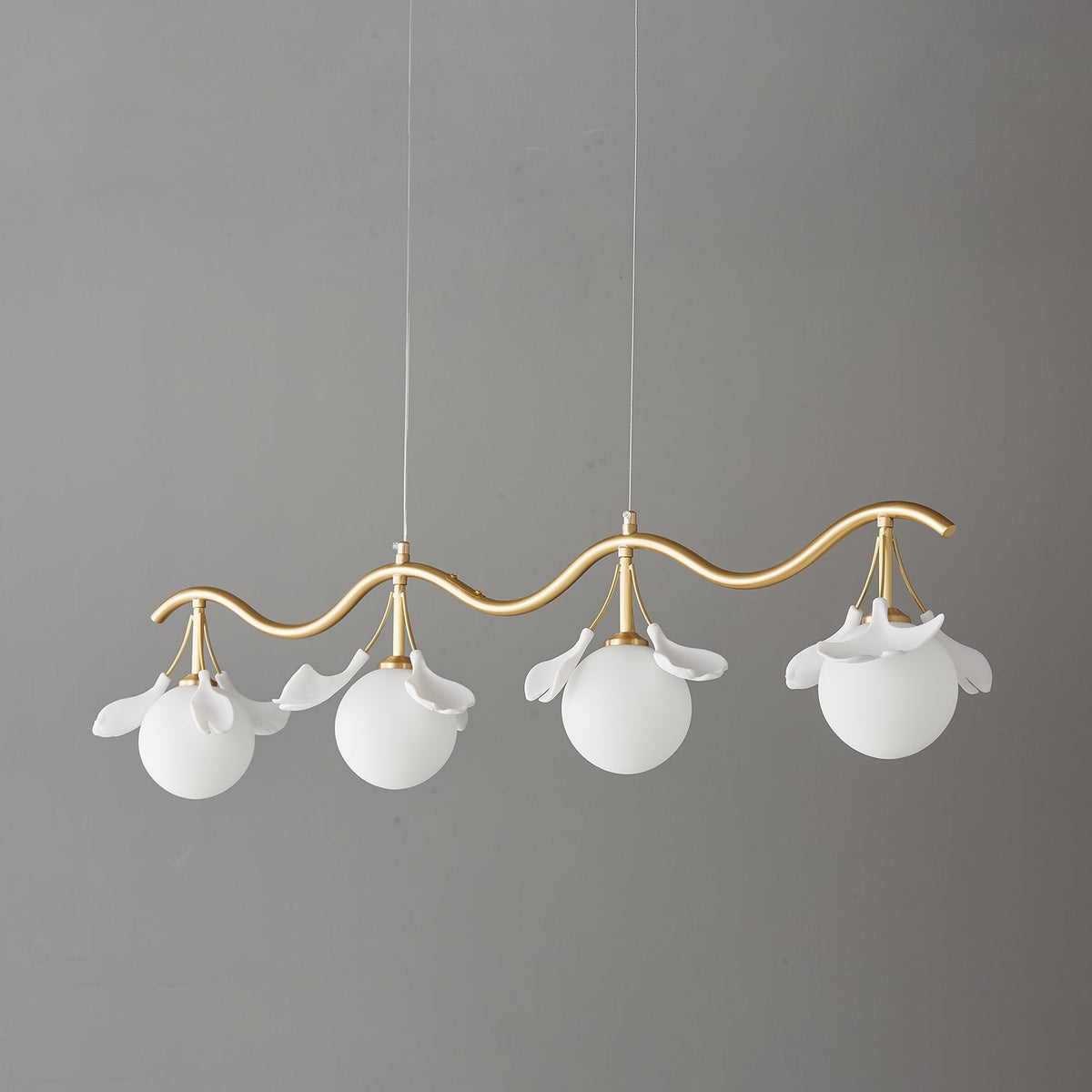 Gingko Orb Brass Chandelier with Porcelain Leaves and Glass Globes