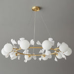 Gingko Orb Brass Chandelier with Porcelain Leaves and Glass Globes