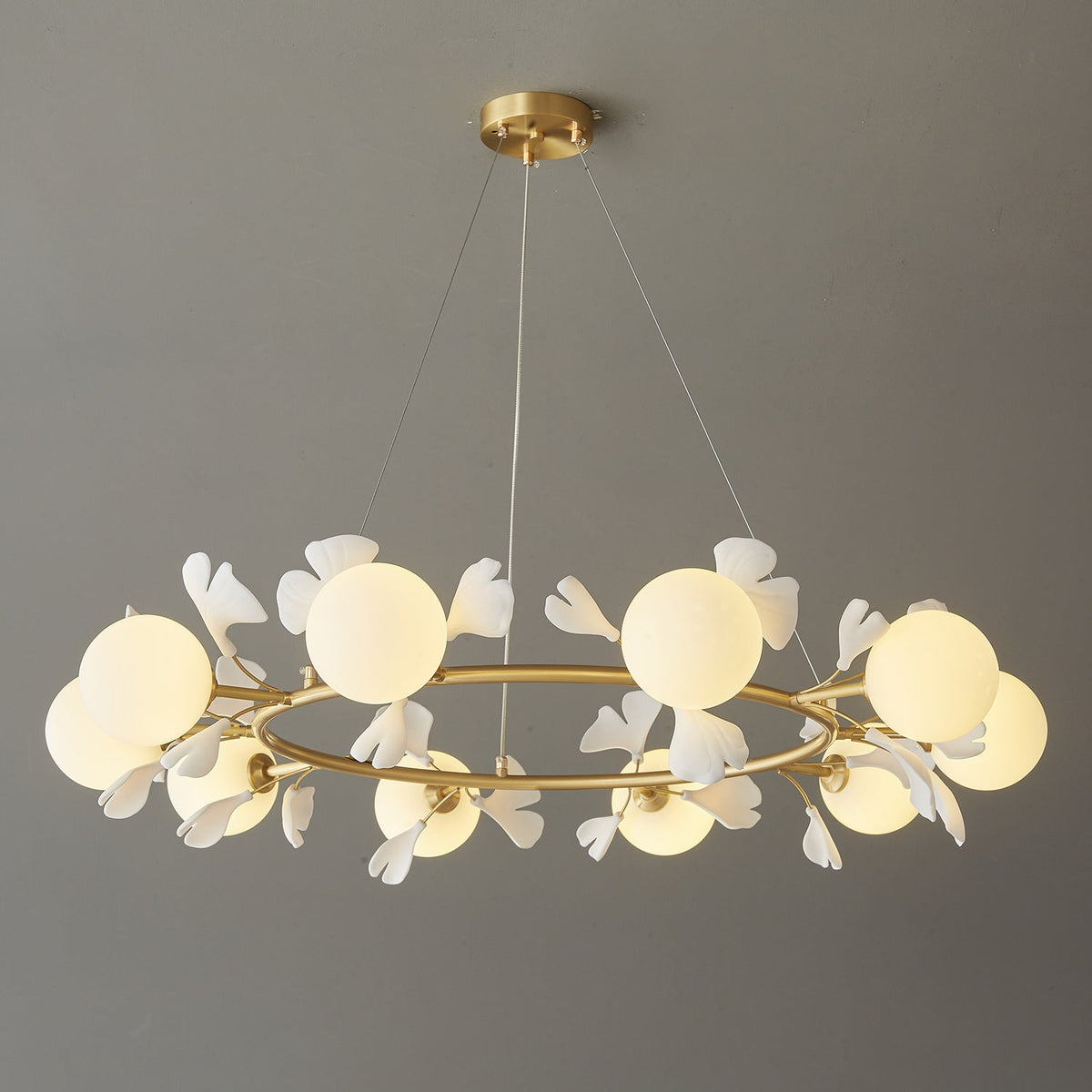 Gingko Orb Brass Chandelier with Porcelain Leaves and Glass Globes