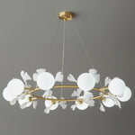 Gingko Orb Brass Chandelier with Porcelain Leaves and Glass Globes