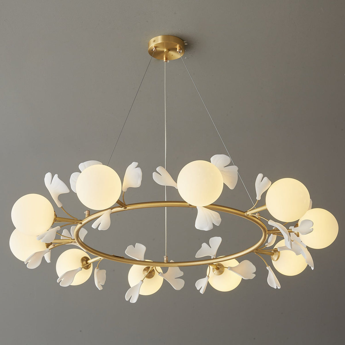 Gingko Orb Brass Chandelier with Porcelain Leaves and Glass Globes