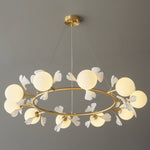 Gingko Orb Brass Chandelier with Porcelain Leaves and Glass Globes