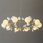 Gingko Orb Brass Chandelier with Porcelain Leaves and Glass Globes