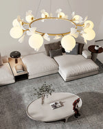 Gingko Orb Brass Chandelier with Porcelain Leaves and Glass Globes
