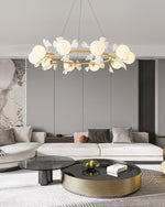 Gingko Orb Brass Chandelier with Porcelain Leaves and Glass Globes