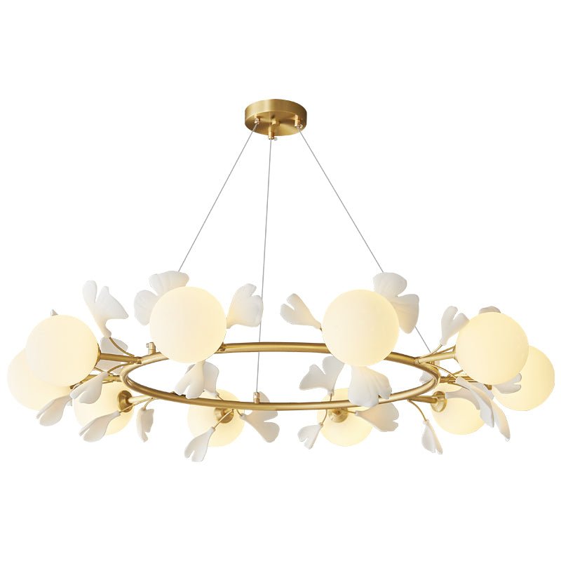 Gingko Orb Brass Chandelier with Porcelain Leaves and Glass Globes