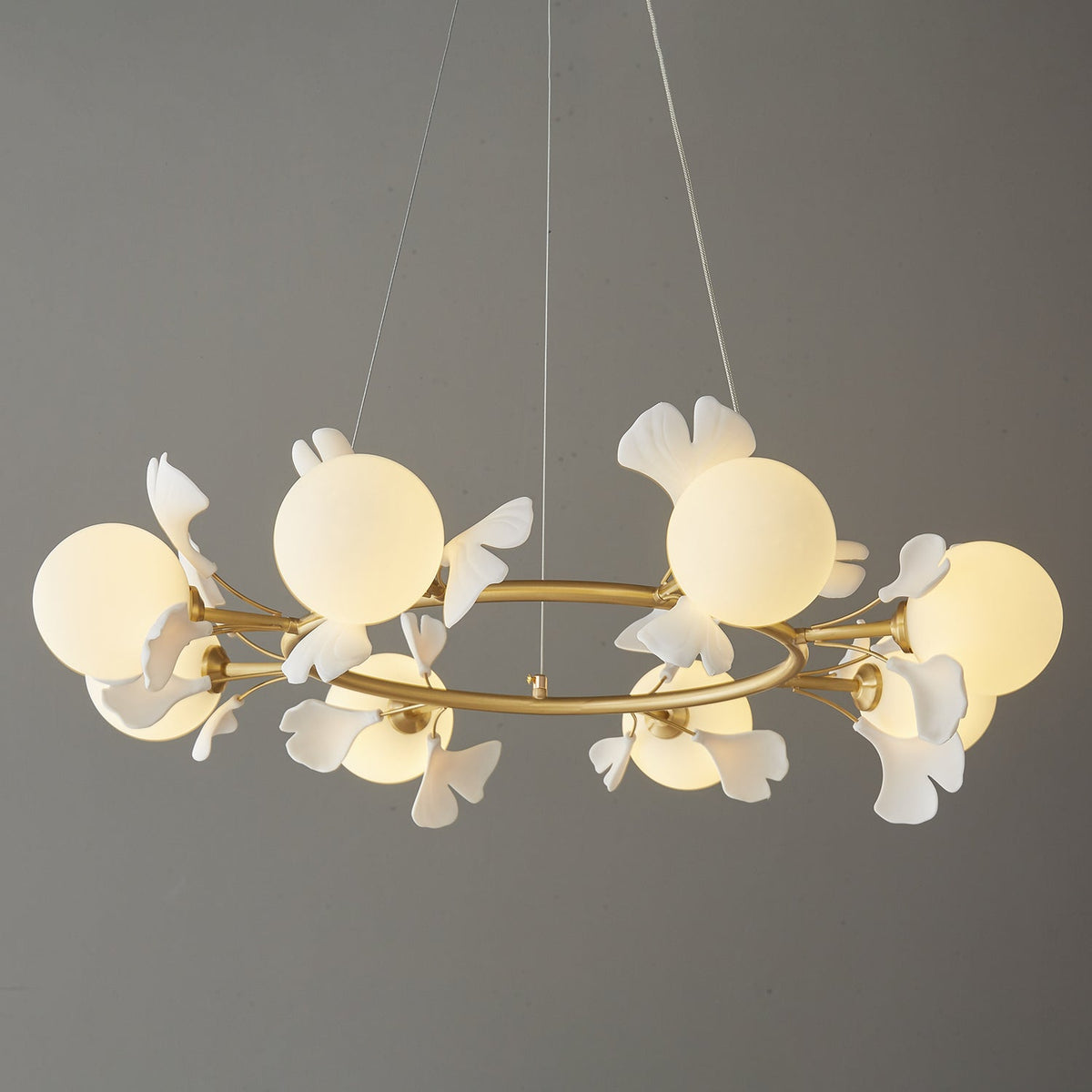 Gingko Orb Brass Chandelier with Porcelain Leaves and Glass Globes