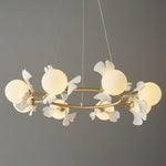 Gingko Orb Brass Chandelier with Porcelain Leaves and Glass Globes