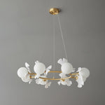 Gingko Orb Brass Chandelier with Porcelain Leaves and Glass Globes