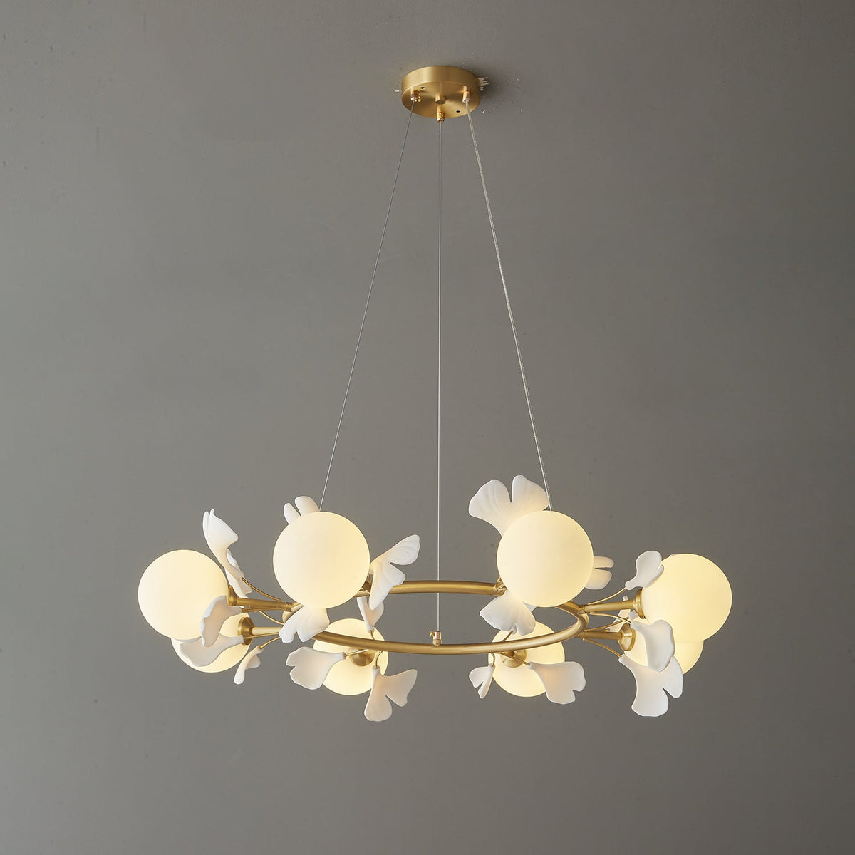 Gingko Orb Brass Chandelier with Porcelain Leaves and Glass Globes