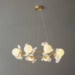 Gingko Orb Brass Chandelier with Porcelain Leaves and Glass Globes