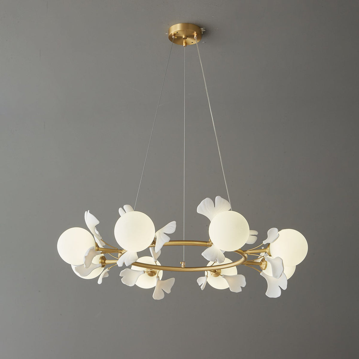 Gingko Orb Brass Chandelier with Porcelain Leaves and Glass Globes