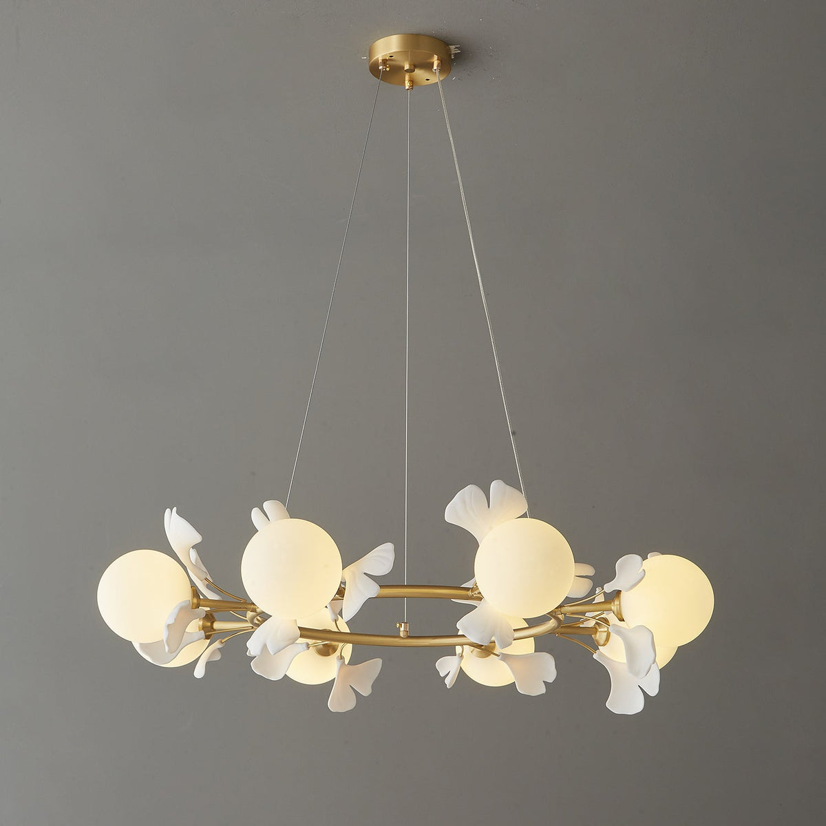 Gingko Orb Brass Chandelier with Porcelain Leaves and Glass Globes