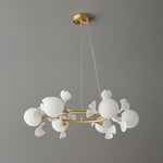 Gingko Orb Brass Chandelier with Porcelain Leaves and Glass Globes