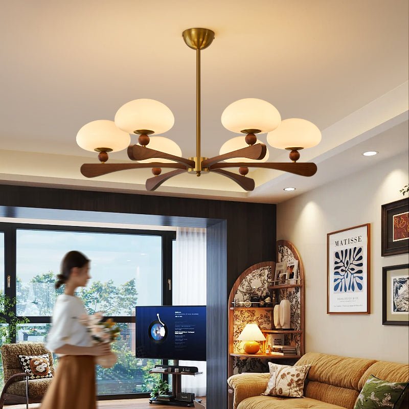 Evander Ray Modern Wood and Brass Chandelier with Glass Shades