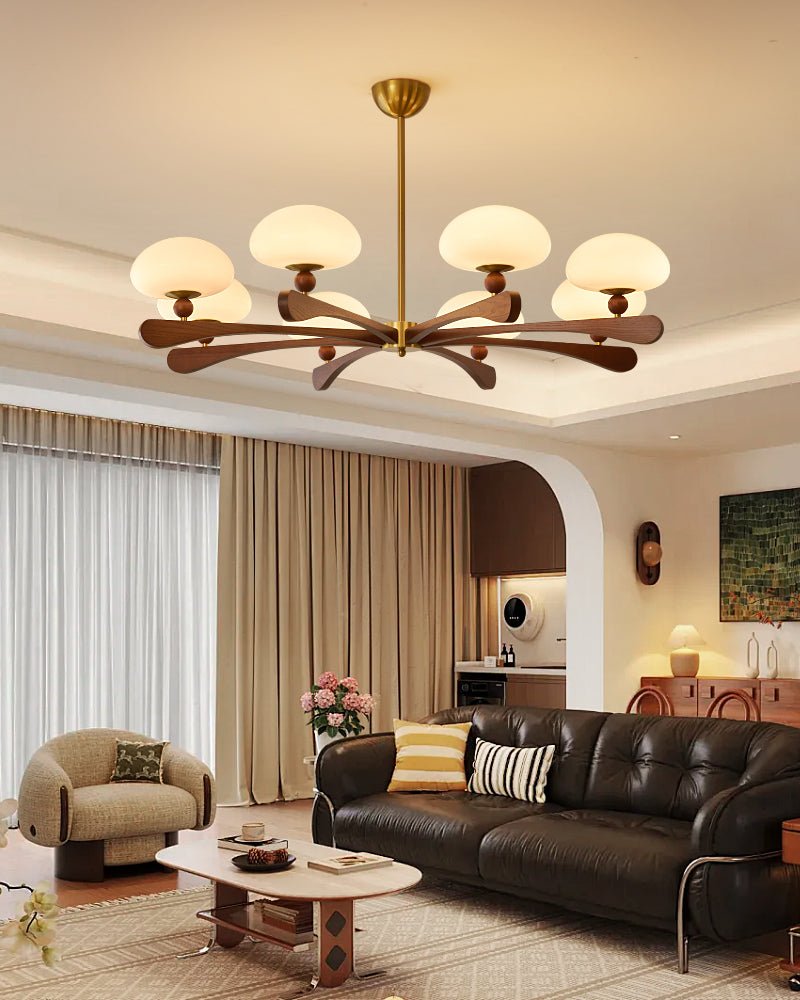 Evander Ray Modern Wood and Brass Chandelier with Glass Shades