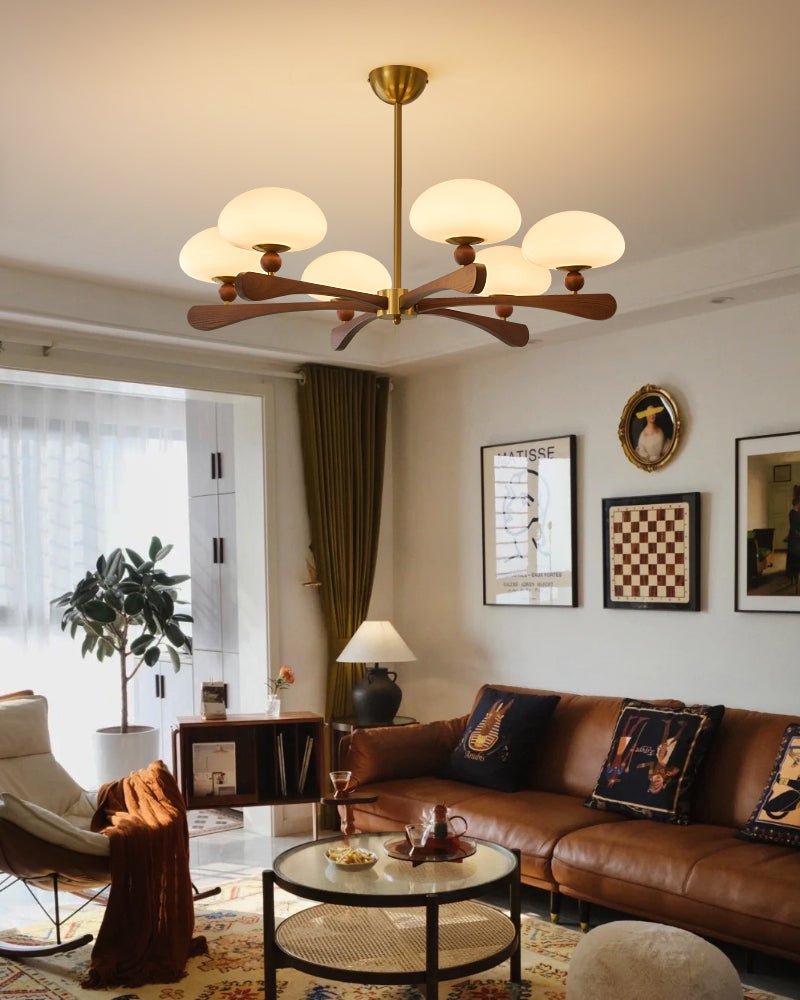 Evander Ray Modern Wood and Brass Chandelier with Glass Shades