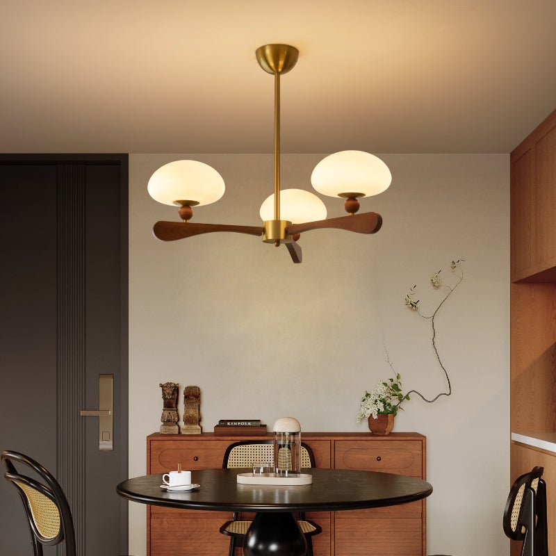 Evander Ray Modern Wood and Brass Chandelier with Glass Shades