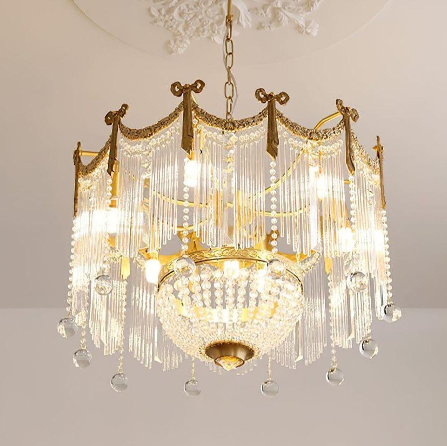 Evangeline Crystal Chandelier – Gold Finish, Cascading Glass, Designer Ceiling Light