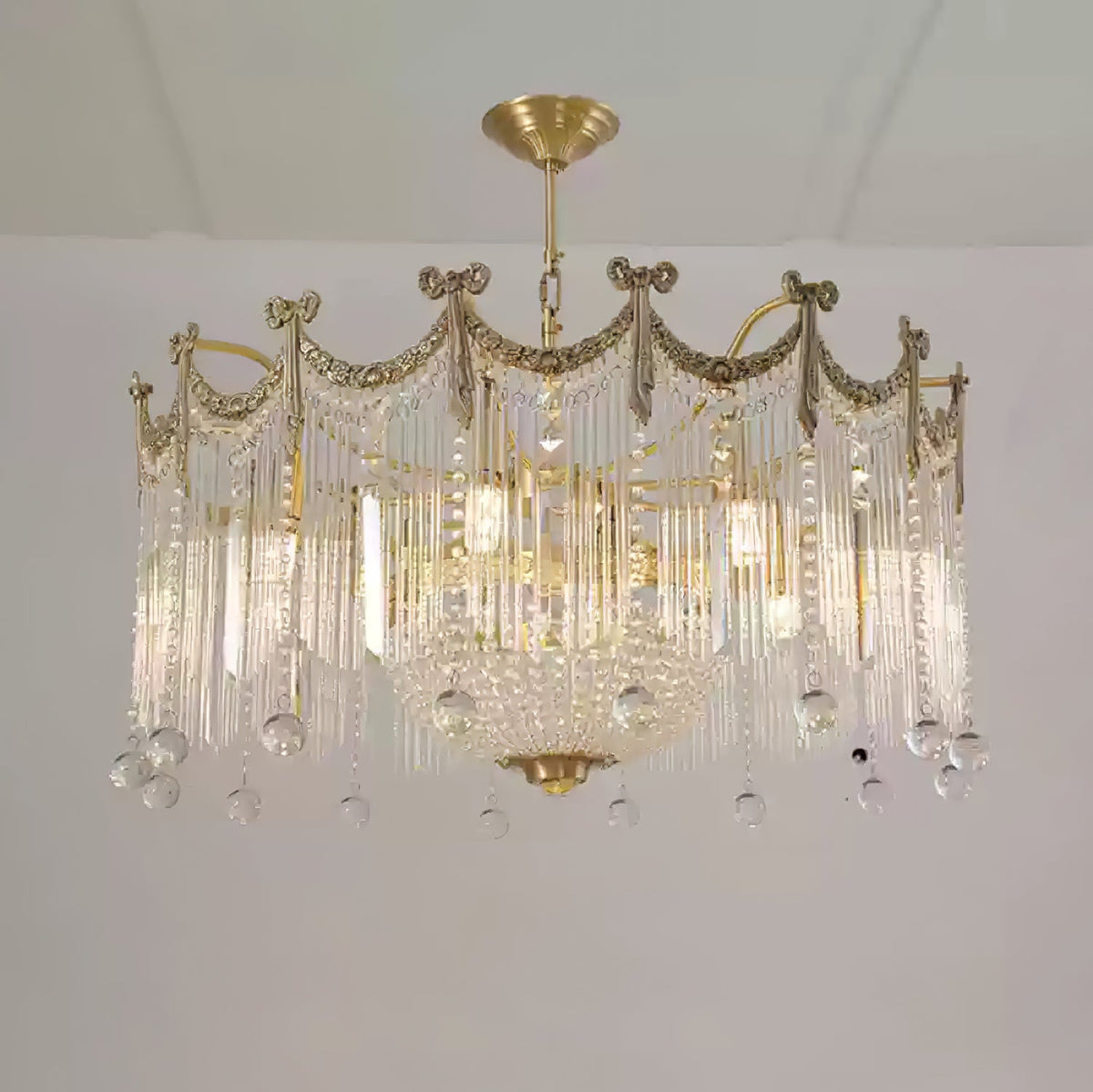 Evangeline Crystal Chandelier – Gold Finish, Cascading Glass, Designer Ceiling Light