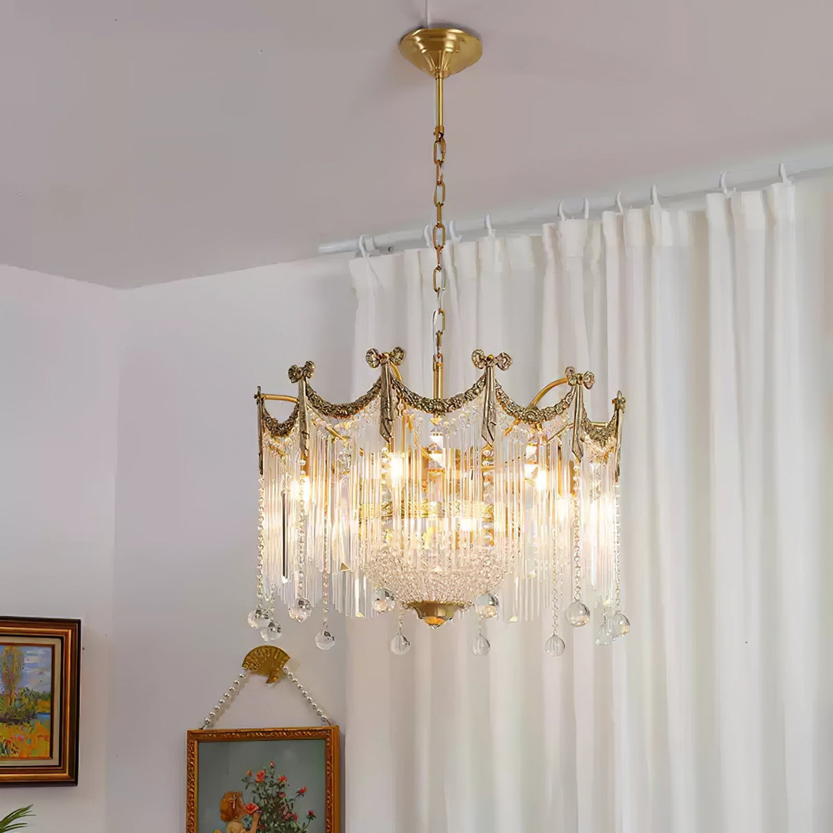 Evangeline Crystal Chandelier – Gold Finish, Cascading Glass, Designer Ceiling Light