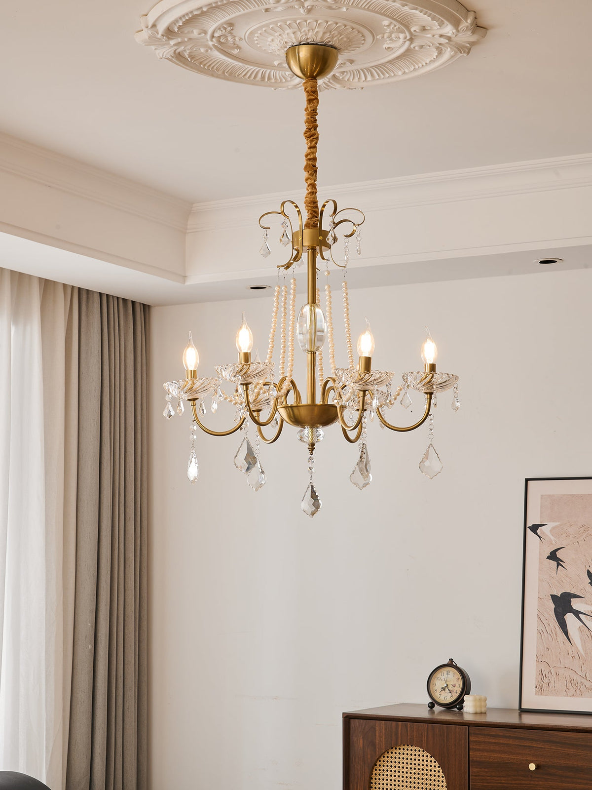 Evaria Crystal Pearl Chandelier – Opalescent Glass & Gold