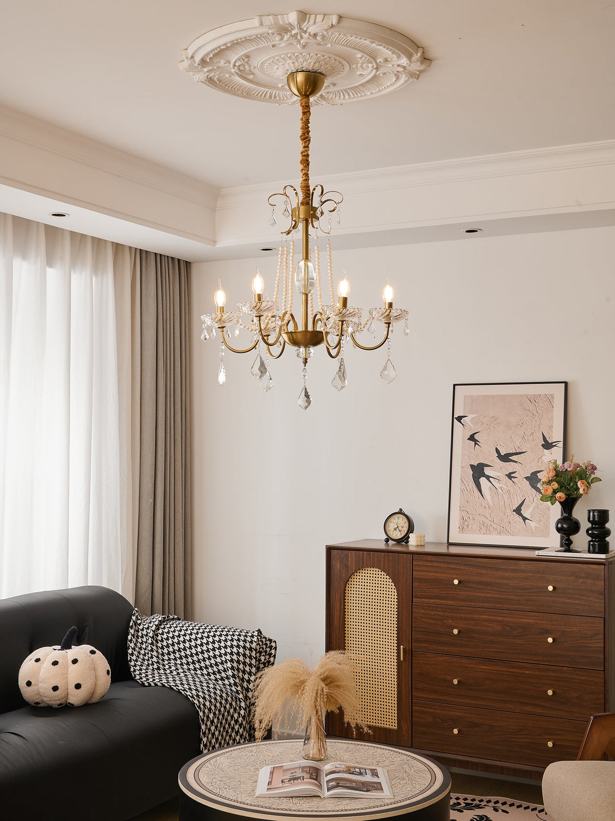 Evaria Crystal Pearl Chandelier – Opalescent Glass & Gold