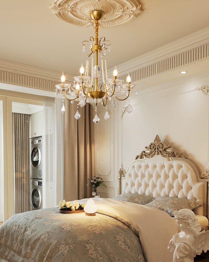 Evaria Crystal Pearl Chandelier – Opalescent Glass & Gold