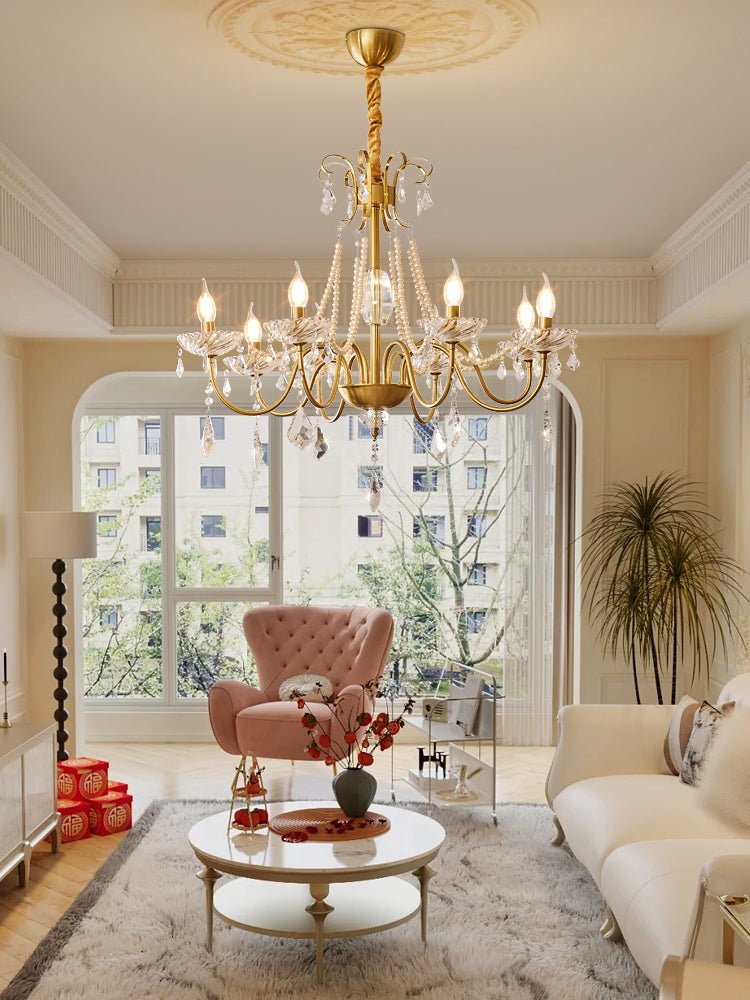 Evaria Crystal Pearl Chandelier – Opalescent Glass & Gold