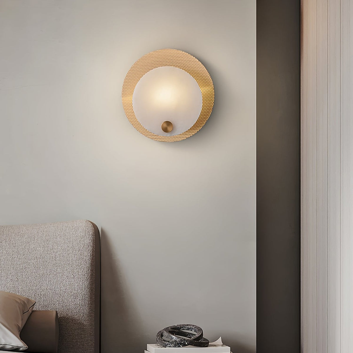 Lumen Alabaster Wall Sconce in Gold with White Alabaster Shade