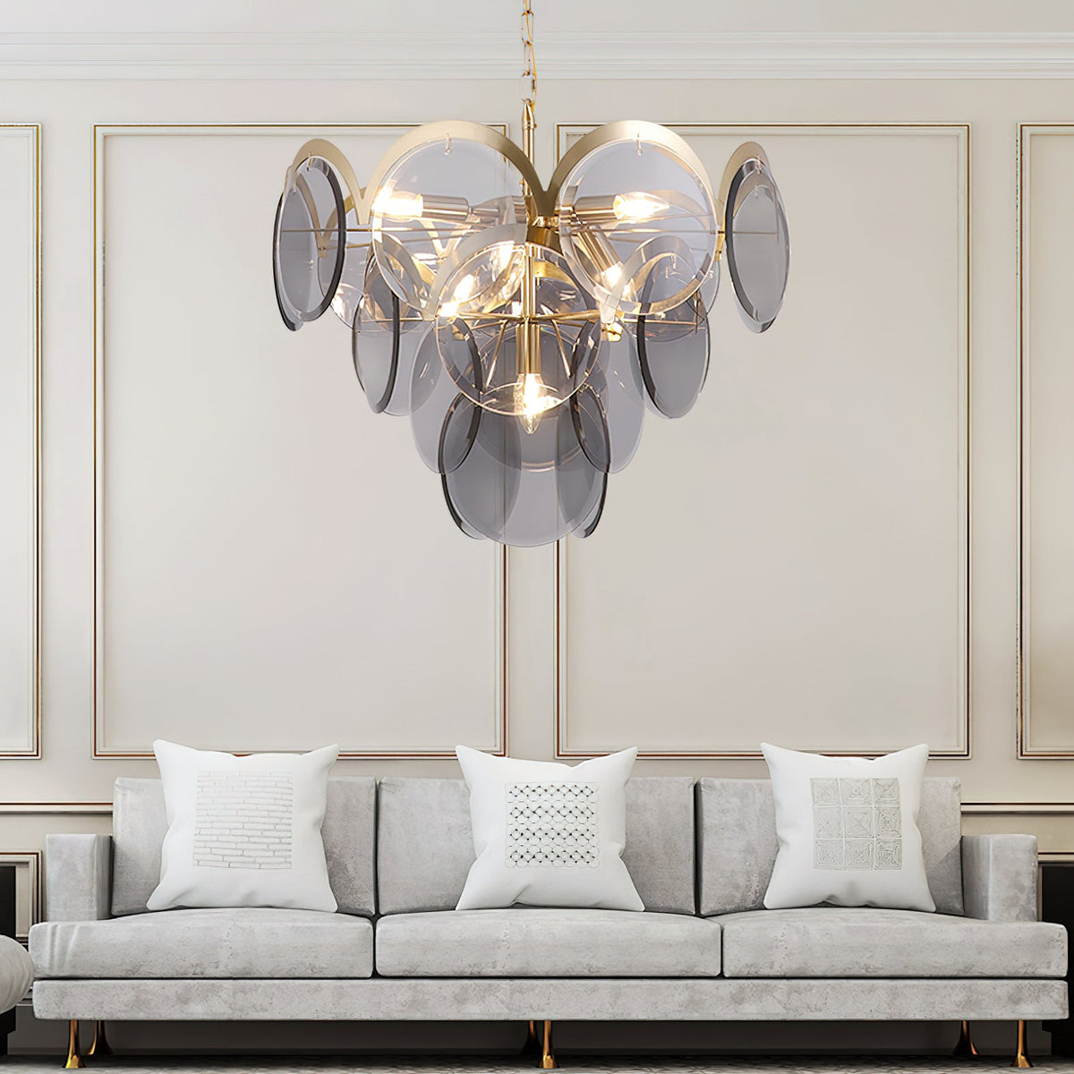 Velora Amber Disc Chandelier – Four-Tier Modern Art Deco Pendant Light