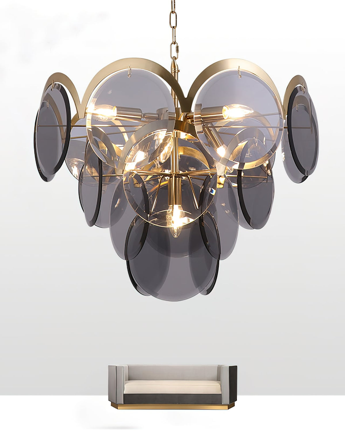 Velora Amber Disc Chandelier – Four-Tier Modern Art Deco Pendant Light