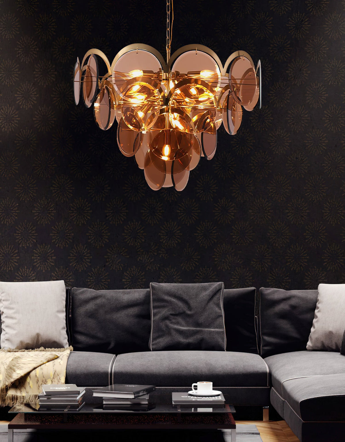 Velora Amber Disc Chandelier – Four-Tier Modern Art Deco Pendant Light