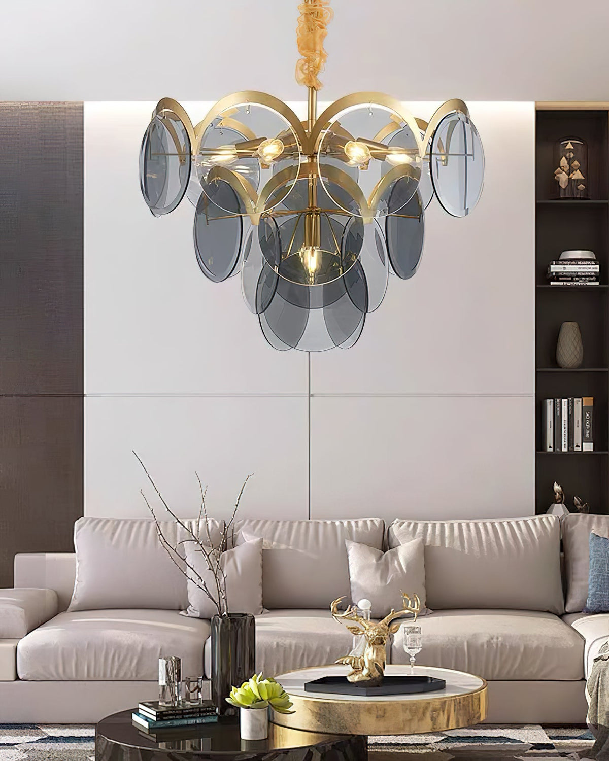 Velora Amber Disc Chandelier – Four-Tier Modern Art Deco Pendant Light